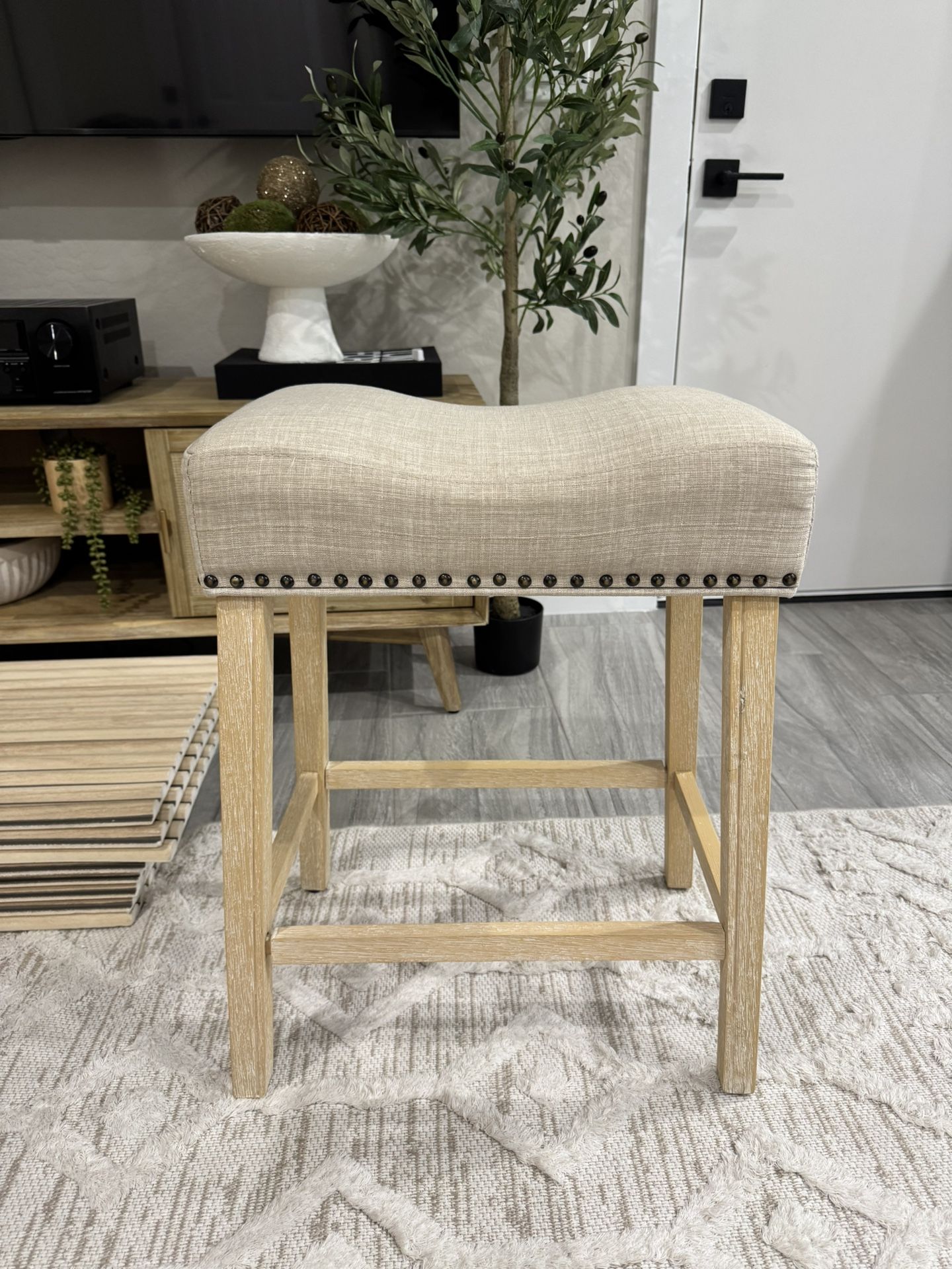 Natural Wood Colored Stool With Light, Beige Cushion, No Stains