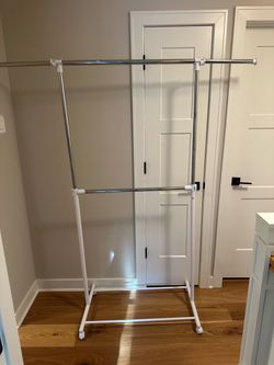 Assembled Mainstays Adjustable 2-Tier Rolling Clothes Rack with Locking Wheels, Steel, Silver/White