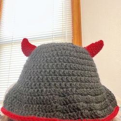 Handmade Crochet Black And Red Devil Bucket Hat