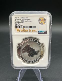 2019P NGC MS70 - Australia 1 oz Silver Welcome Stranger 1869 Gold Nugget Coin