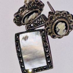 Marcasite Sterling Silver Mother of Pearl Deco Pendant W 925 SS Marcasite & Onyx Cameo Vtg. Earrings
