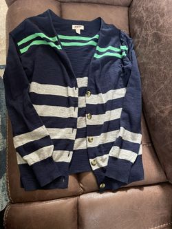 Women Arizona Cardigan Sweater Button Up Size Large Navy Blue Stripped