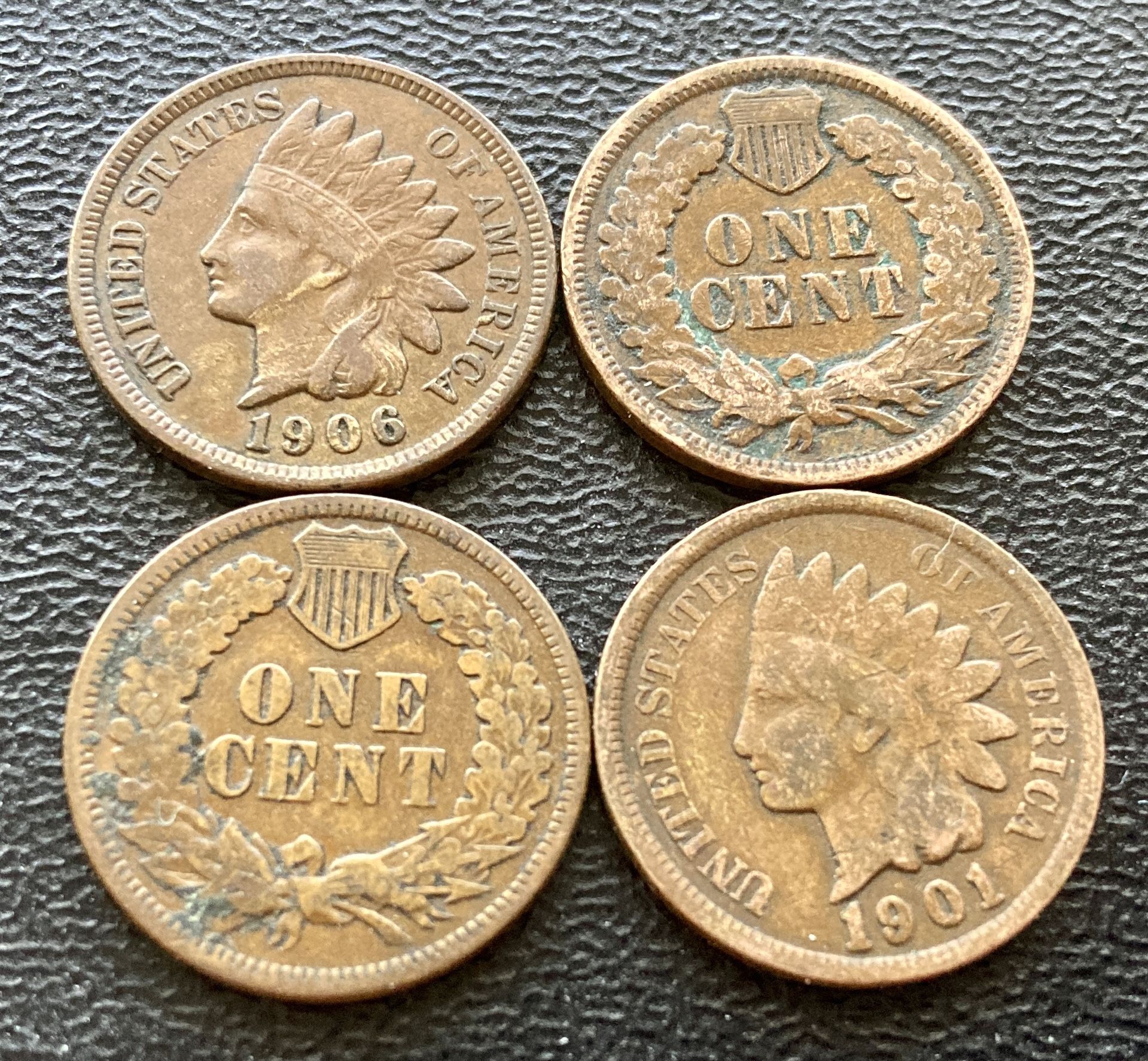 Four (4) Indian Head Pennies Vintage Penny Antique US Cent Coins Over 100 Years Old