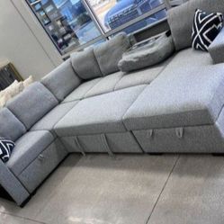 ✅️✅️4 pc Grey boucle fabric sectional sofa with storage chaise and love seat and pop up sleep area in center drop down tray tables✅️✅️✅️