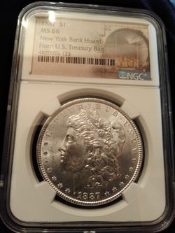 1887 ms66 New York Bank hoard Morgan silver dollar US Treasury bag