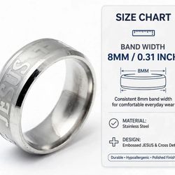 Jesus Ring - Stainless Steel Silver 8mm Cross Band - Sizes 6-13 - New 