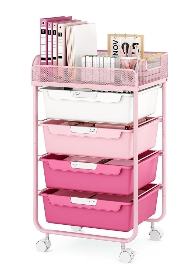 Rolling Cart with 4 Drawers,4 Tiers Rolling Utility Cart Craft Cart,Rolling Storage Drawer Cart with Mesh Top,Storage Cart with Drawers & 4 PCS DIY La