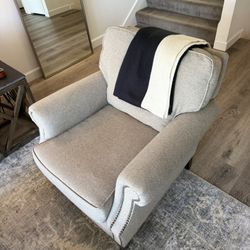 Oversized Armchair – Gray/Beige, Nailhead Trim, Dark Wood Legs, Transitional Style