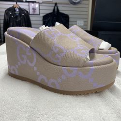 Gucci GG Jumbo Beige Purple Canvas Platform Wedge Sandals (Size 9)