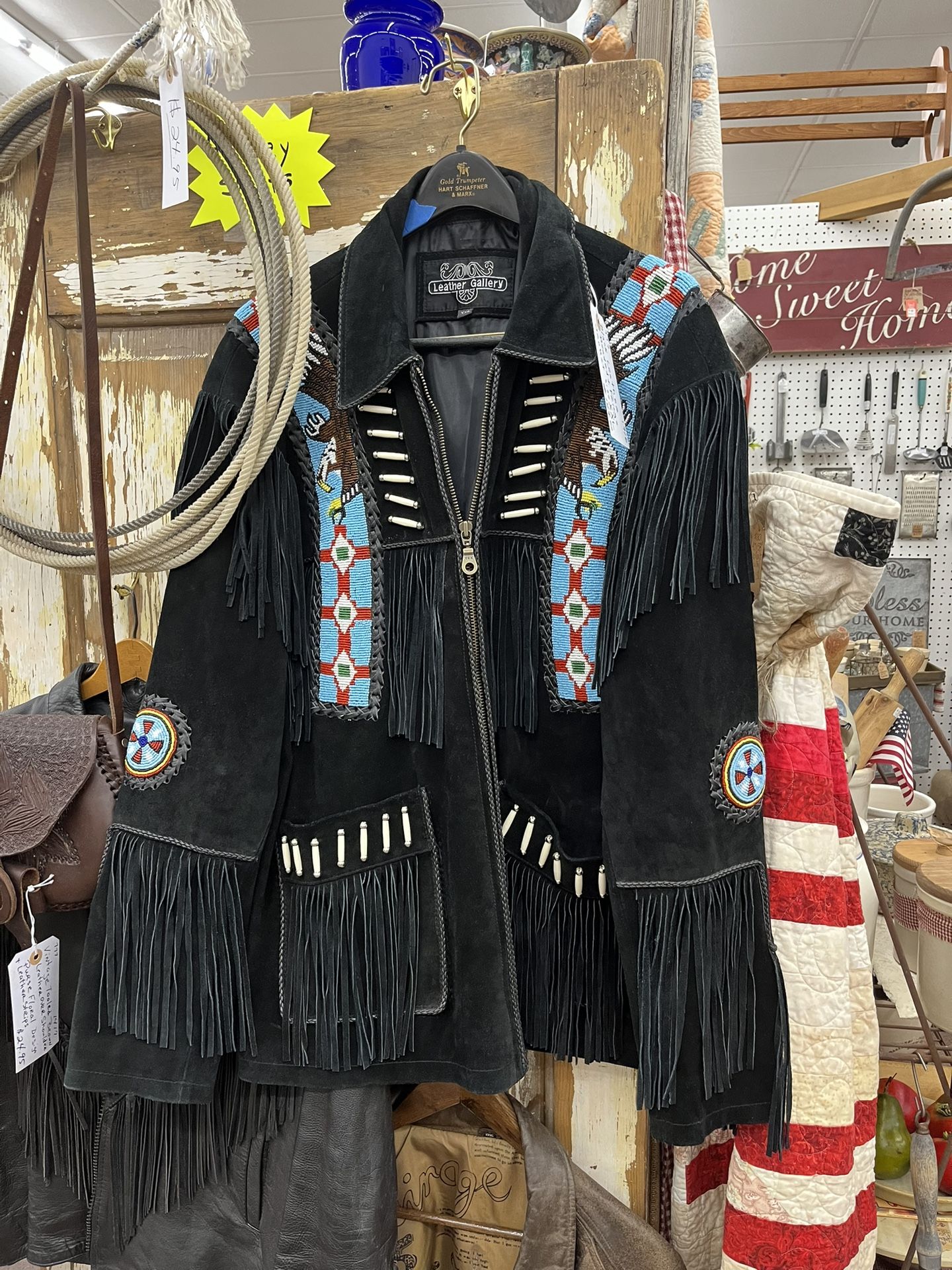 Black Leather Beaded Fringe Jacket
