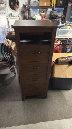 Tall Dark Brown 4-Drawer Dresser with Open Shelf