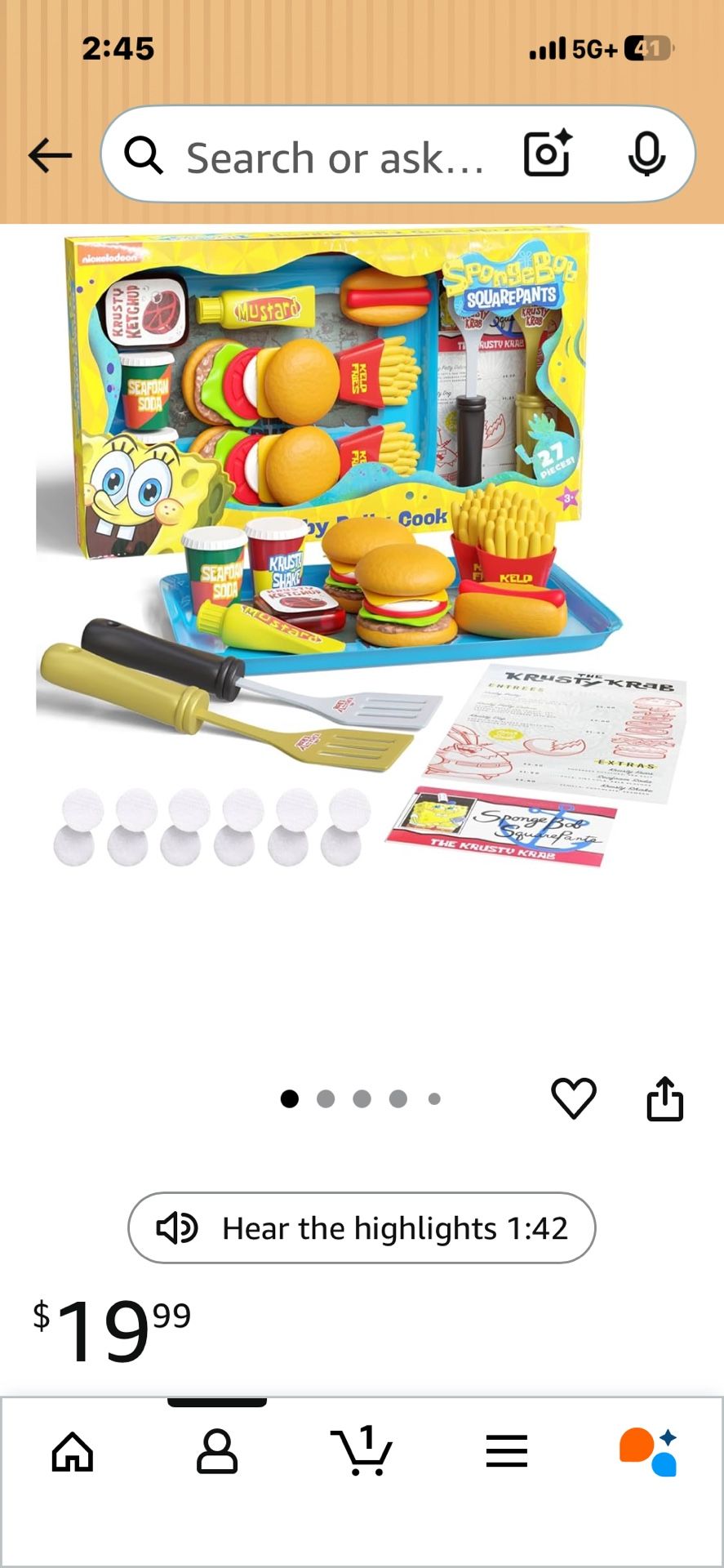 SpongeBob SquarePants Krabby Patty Cook Play set $10.00