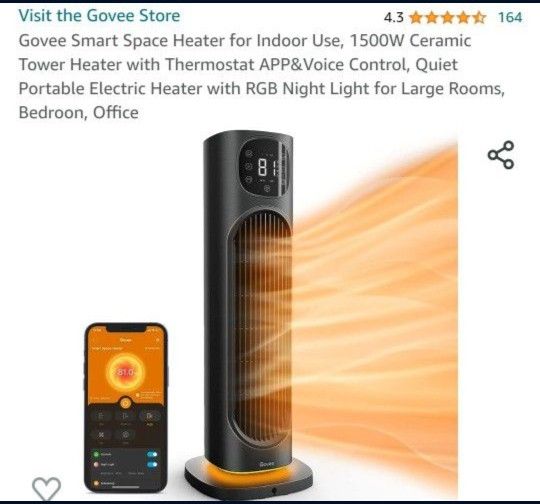 Govee Smart Space Heater for Indoor Use, 1500W Ceramic Tower Heater with  Thermostat APP&Voice Control, Quiet Portable Electric Heater with RGB Night