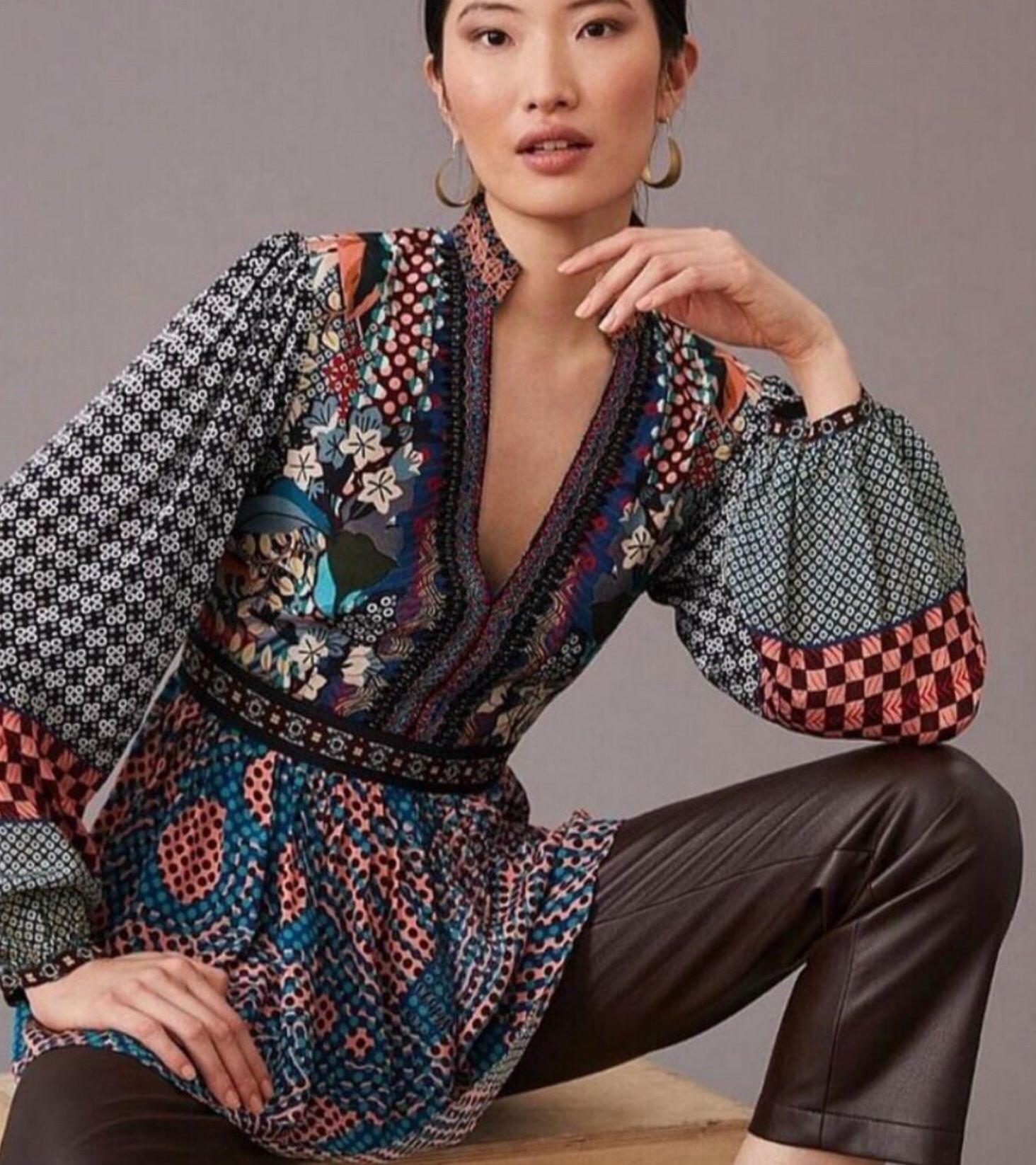 Anthropologie Bhanuni By Jyoti Colorful Silk Blouse With Geometric And Floral Patterns Size Small