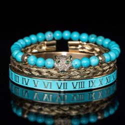 Rare Design Copper-Gold Engraved Full-Diamond Leopard Head Greenstone Elastic Bracelet