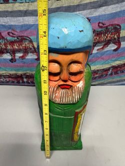 Vintage Folk Art Hand Carved Wooden Man Hinged Wine Bottle Casket Case Box 15x5inch