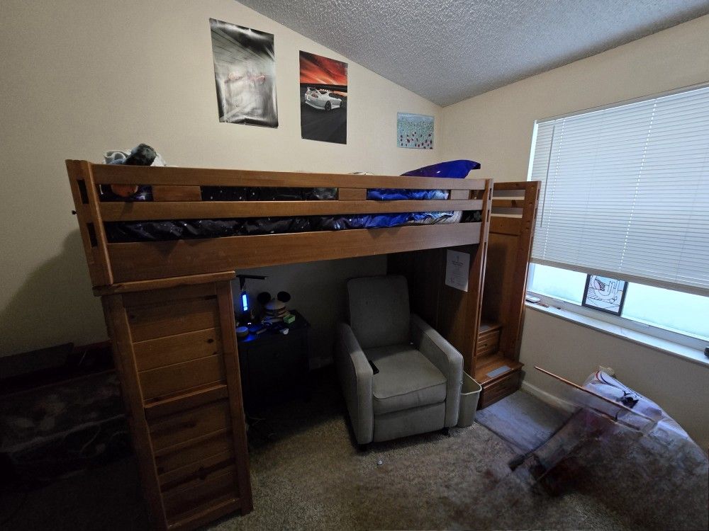 Wood Lofted Bed With Drawers