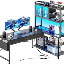 57.5 Inch L Shaped Gaming Desk with Power Outlets and LED Lights USB-C Port, 6-Tier Computer Office Desk with 3 Fabric Drawers, L Corner Desk, Storage
