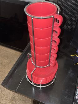 Vintage World Market Complete Set Of Six Red Teacups And Saucers.