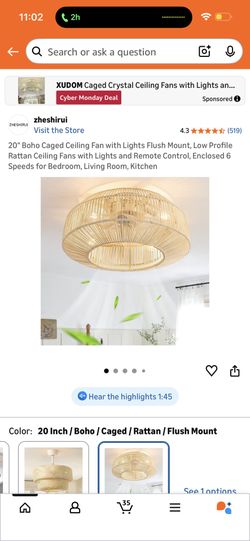 Zheshirui 20" Boho Caged Ceiling Fan with Lights Flush Mount, Low Profile Rattan Ceiling Fans with Lights and Remote Control, Enclosed 6 Speeds for Be