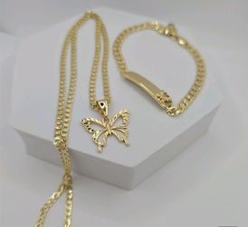Butterflies Set Chain With ID Bracelet  Gold-plated CUBAN STYLE 