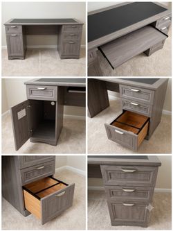 Grey Executive Desk - Built-in Keyboard Tray & Storage