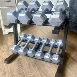  In NEW Condition Set Of Cast Iron Hex Dumbbells 8s, 10s, 15s 20s  And  25s. Total: 156 lbs [ RACK NOT INCLUDED]