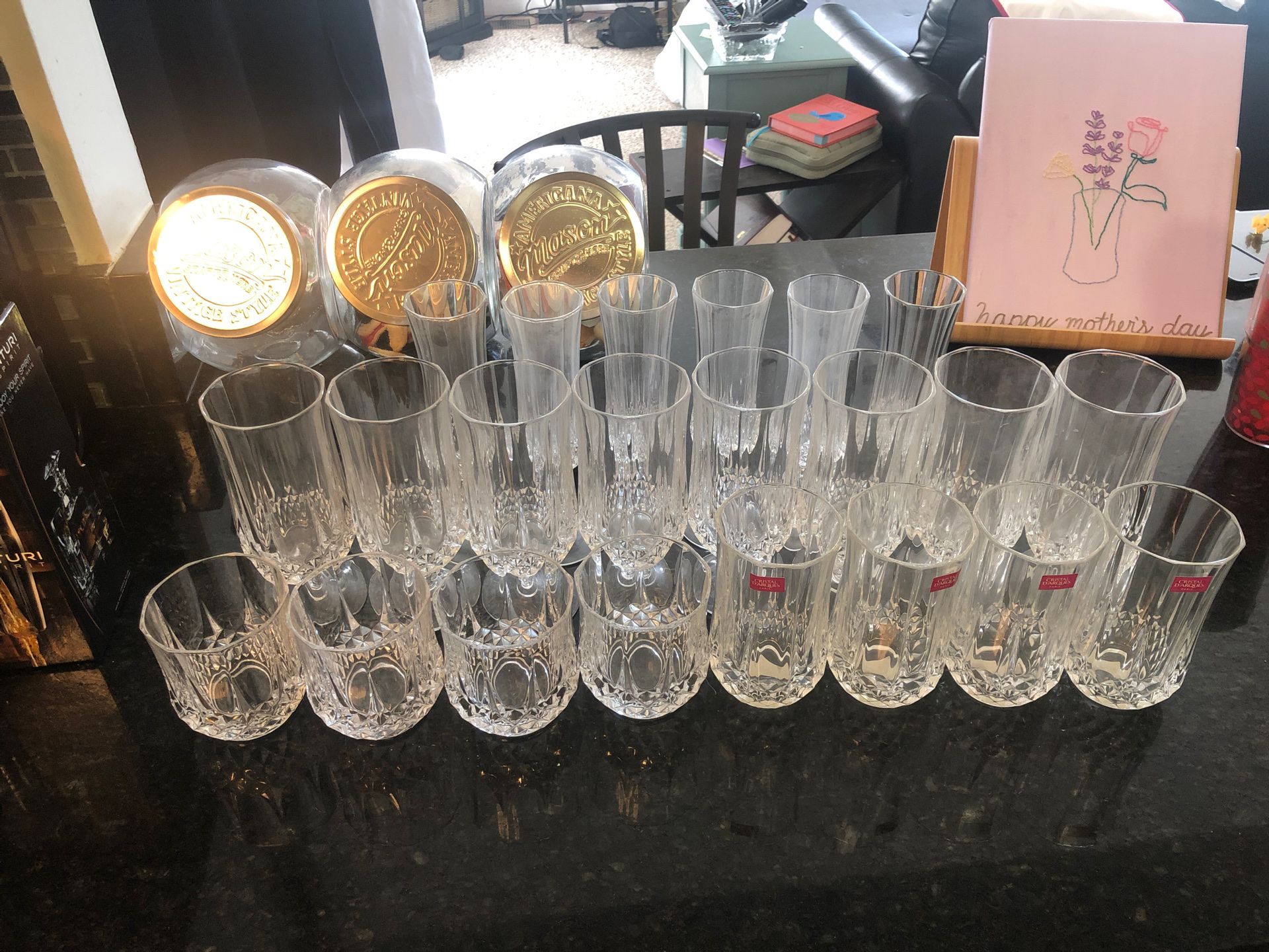 Brand new Cristal Darques glasses, flutes and hurricane glasses