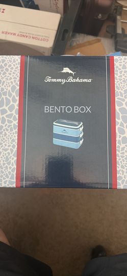 New Tommy Bahama bento box. It is a stacked three-tier design in light blue and dark blue. Bento box has a portable handle, is leakproof, has a secure