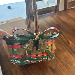 Wicker Woven Red/Green Christmas Basket With Bells & Bow