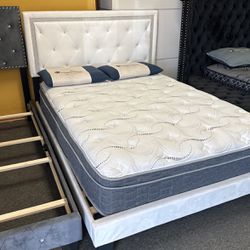 New Queen Size Bed With Promotional Mattress And Free Delivery. Also Comes In King Full And Twin As Well As Colors, Black Gray, And White.
