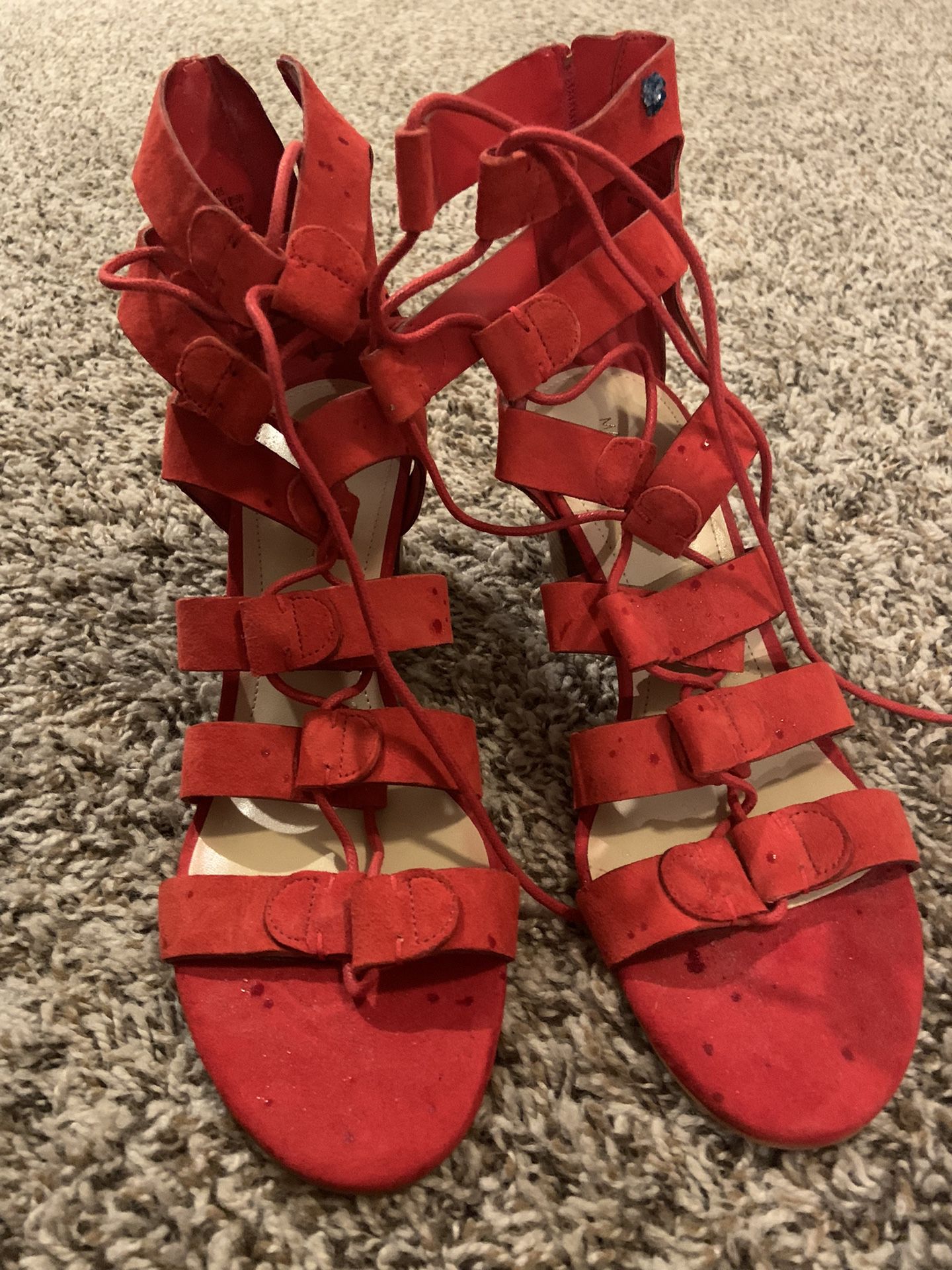 Marc Fisher Suede Lace-Up Block Heel Sandals - Paradox, Size 8 1/2 W, Red