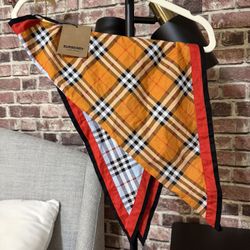 Authentic Burberry Orange Yellow Check Reversible Silk Scarf Bandana
