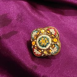 Antique micromosaic brooch - flower brass pin - 