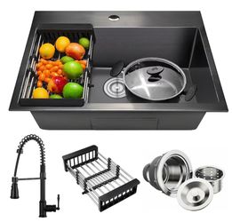 Matte Black Stainless Steel 25 in. x 22 in. Single Bowl Drop-In Kitchen Sink with Accessories #KS0517-KF12