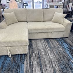 Taupe Fabric LHF Pull Out Sectional Sofa & Storage