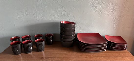 Gibson Red Stoneware Dishes - large/small plates, mugs, bowls