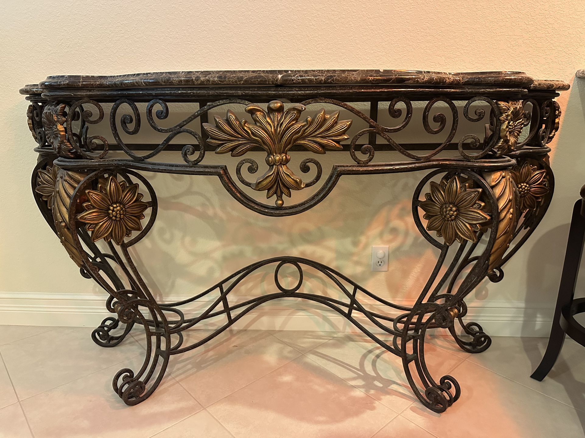 Maitland Smith Ornate Wrought Iron Console With Marble Top