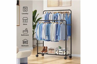 Simple Trending Clothing Clothes Rack Double Rods with Wheels, Rolling Metal Garment Rack for Hanging, Black (New)