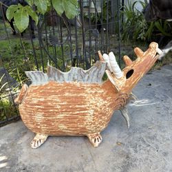 Vintage  Large Garden Art Horned Dragon Sculpture Decor Art Pottery Artist Signed Indoor / Outdoor Dragon Decor Rustic Whimsical Yard Art 