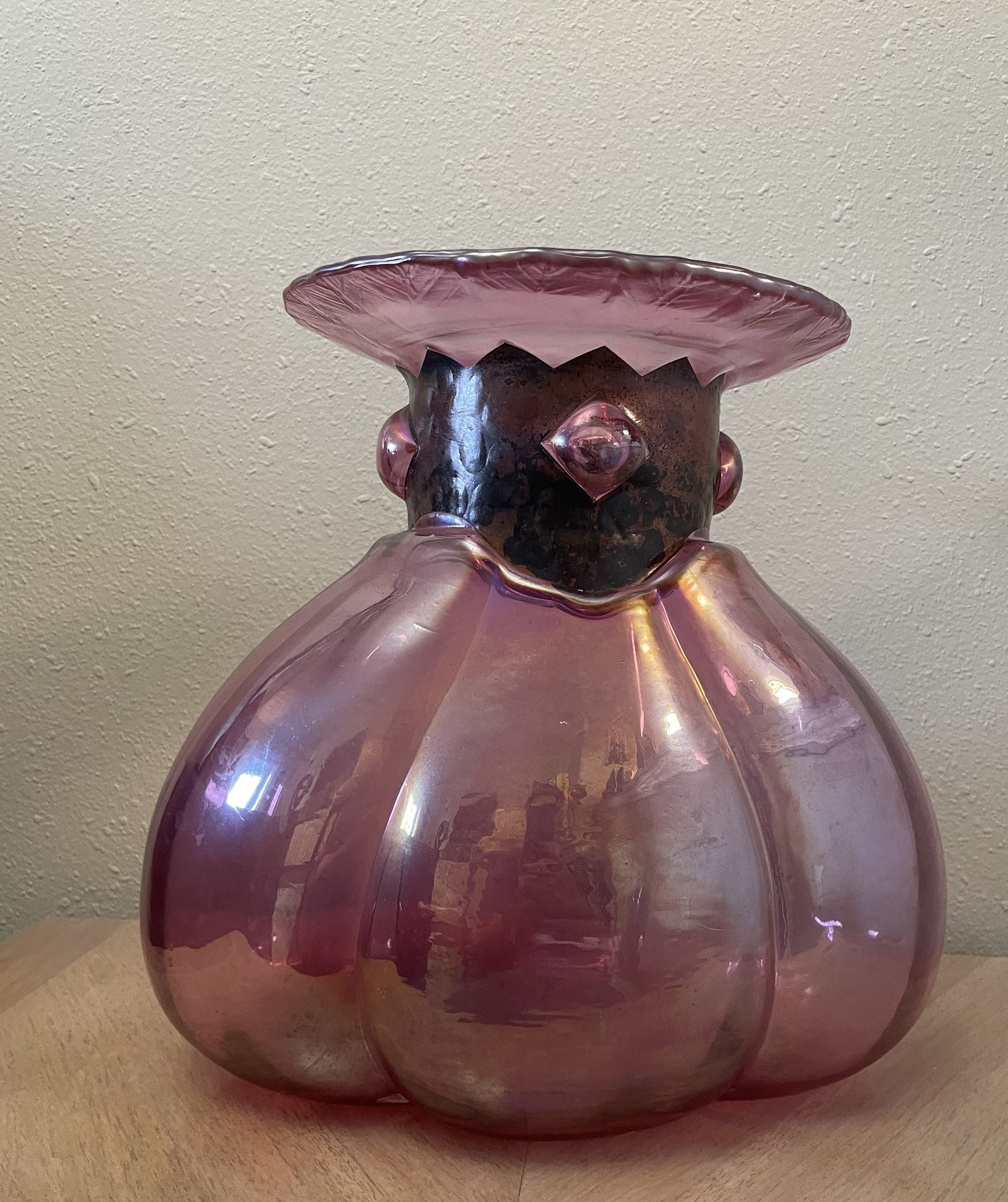 Silvestri Mouth Blown Glass Vase- Hot Pink Iridescent With Copper Tone Collar