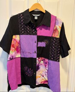 Koret Patchwork Floral Short Sleeve Button Up Shirt Top women’s size XL - Simi Valley
