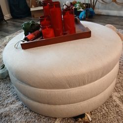 Large Beige Round Swivel Ottoman 