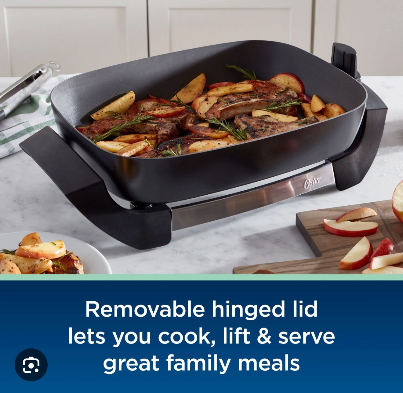 Removable hinged lid lets you cook, lift & serve great family meals