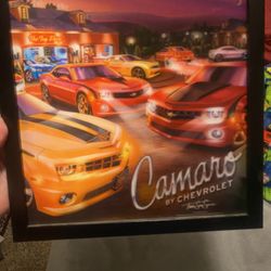 Framed two-dimensional giclée limited edition art print featuring Chevrolet Camaros