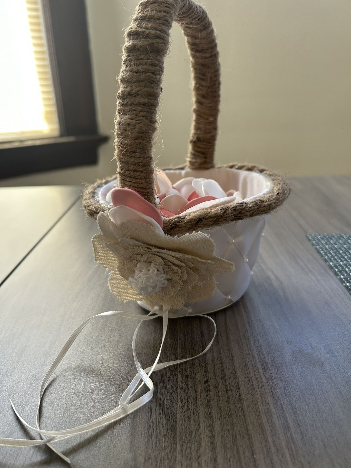 Flower Girl White Basket With Pink Silk Petals
