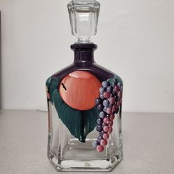Hand Painted Glass Decanter with Fruit Design, 9" Tall – Signed Art
