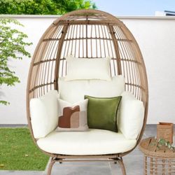 Patio Oversized Wicker Outdoor Lounge Chair Egg Chair with 5 Beige Cushions for Patio, Backyard, Living Room