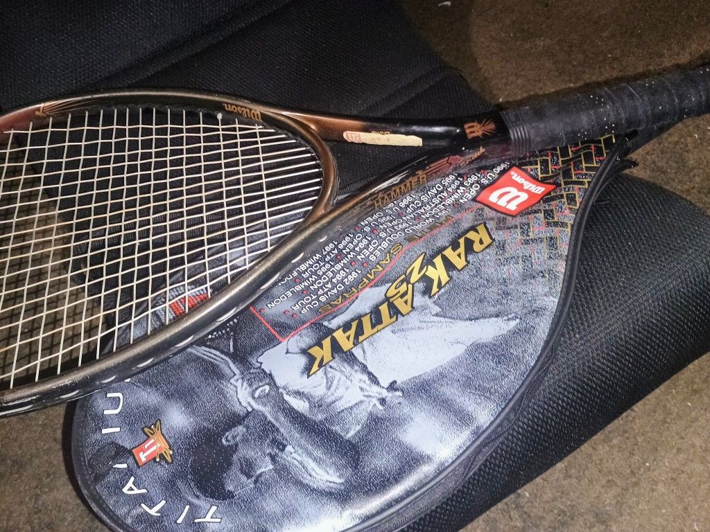 2 Vintage Wilson Tennis Rackets Perfect Shape Pete Samprus Raj Attack Titanium + Wilson Sledge Hammer Stretch