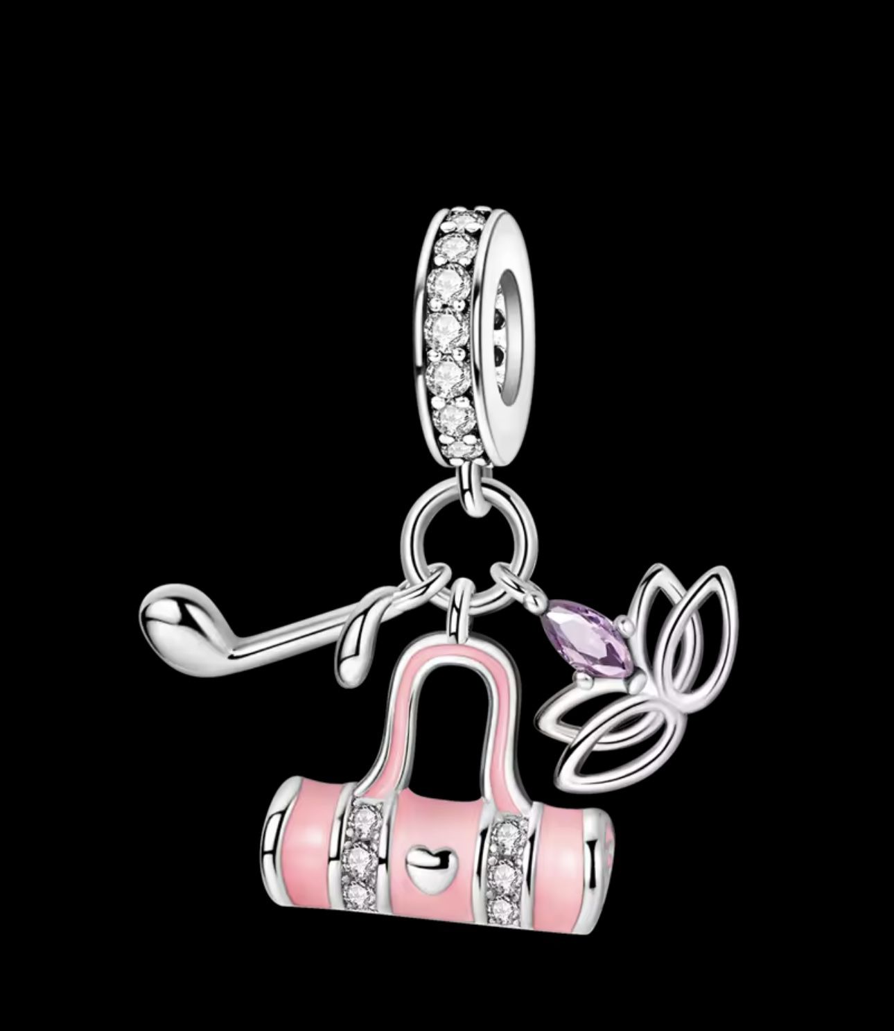 Sterling Silver Golf Bag Charm With Lotus Flower Charm